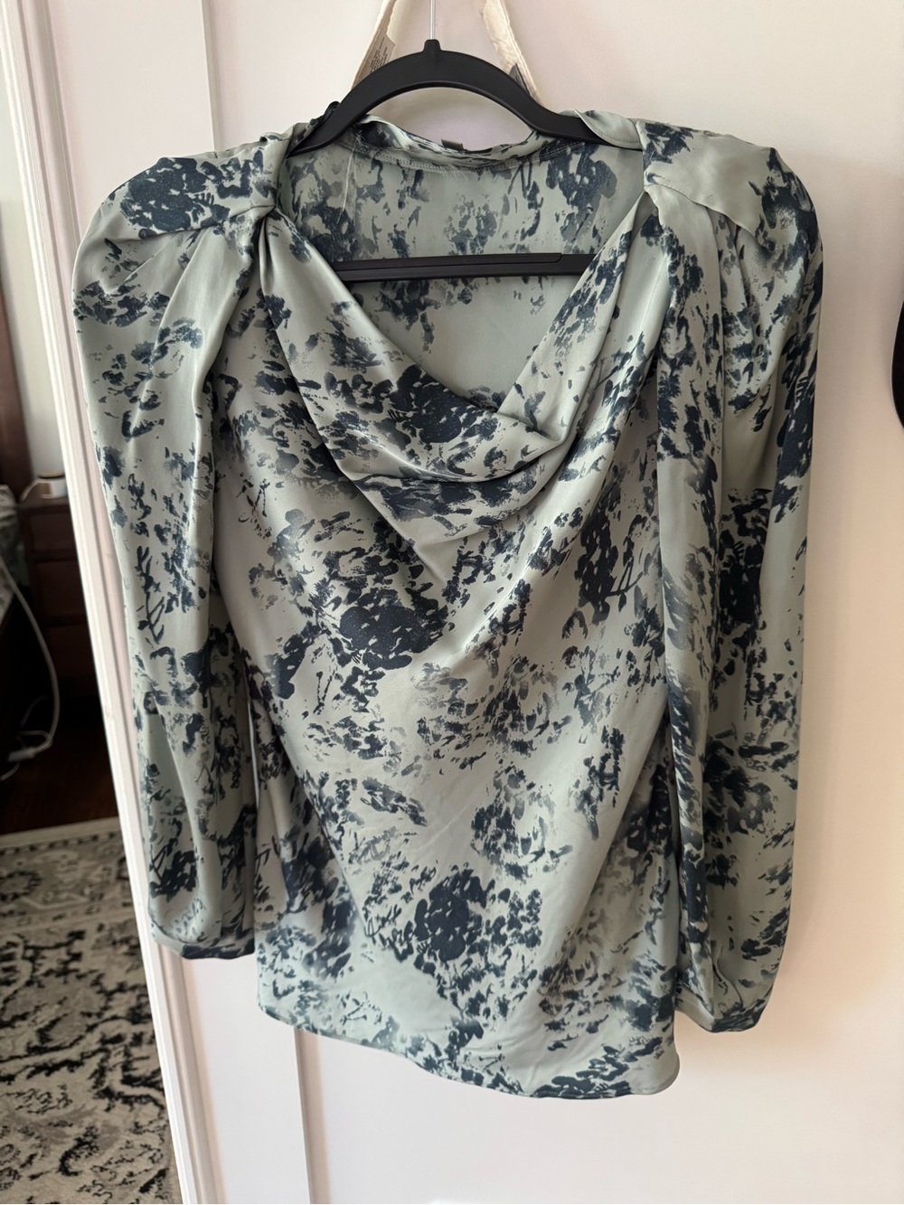 Classiques Entier Draped Cowl Neck Blouse in Sage and Charcoal Print